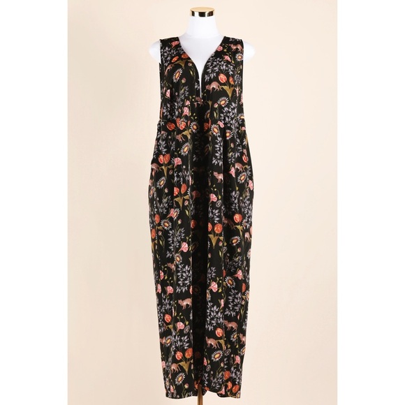 Sz 4X Neon Rose Cats In The Garden Open Back Floral Patterned Black Jumpsuit GUC - Picture 1 of 6